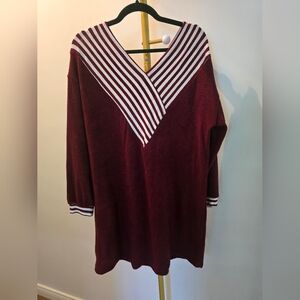 Burgundy V-Neck Sweater with Striped Accents